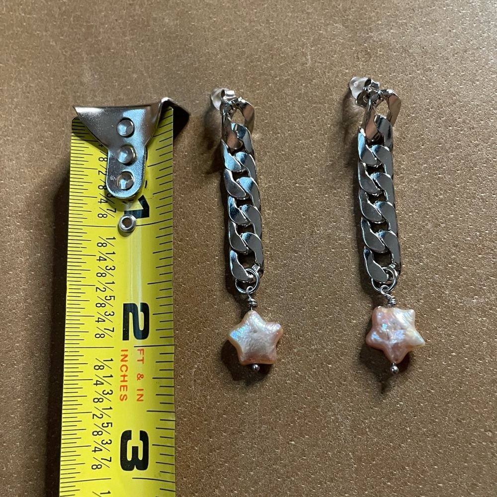 ⭐️ Star freshwater pearls curb chain post earrings silver pink Y2K boho festival - Picture 5 of 5